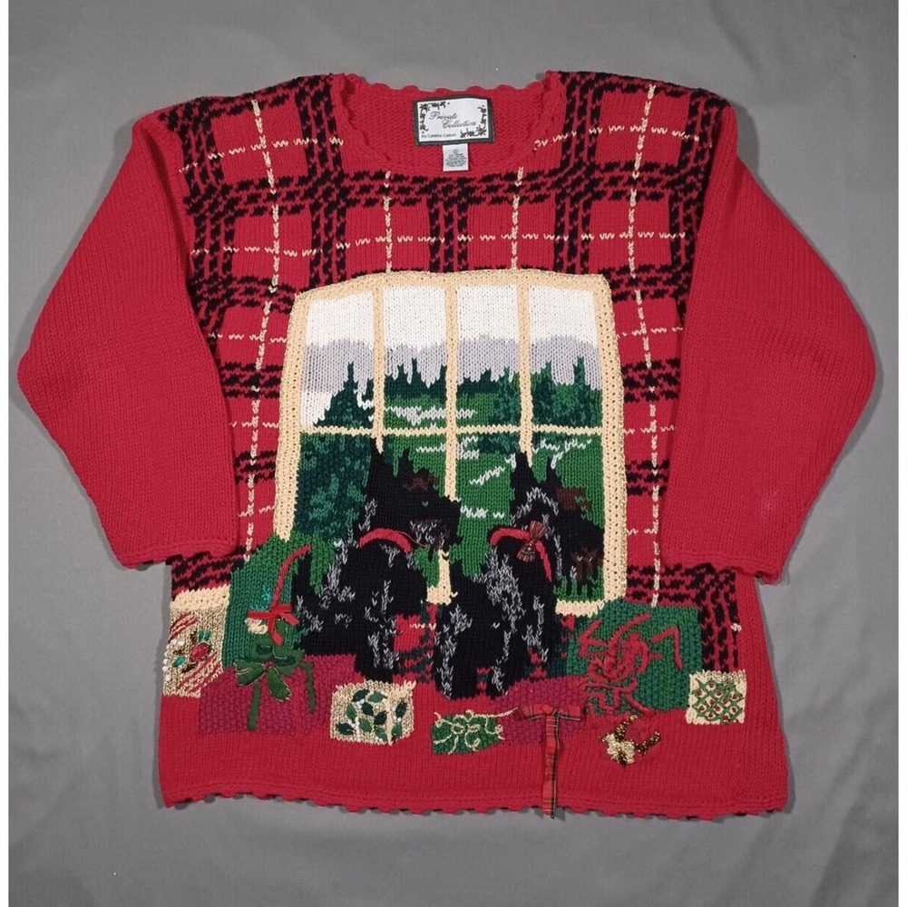 Vintage Carolina‎ Colours Sweater Womens S Red Pullover Scottie Dog Christmas
